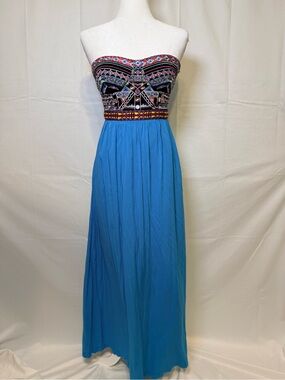 Like New Size Small Strapless Embroidered Bodice Blue Maxi Dress